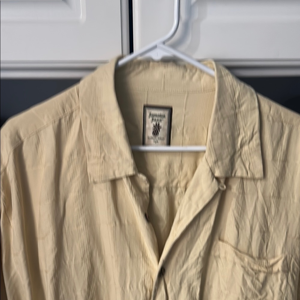 Subtly patterned 100% silk wooden button dress shirt
